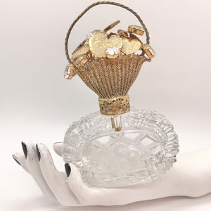 Vintage Heavy Cut Clear Glass Perfume Bottle with Metal Basket Stopper Made in West Germany