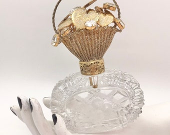 Vintage Cut Glass Perfume Bottle with Metal Basket Stopper - West Germany