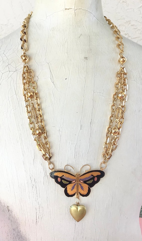 Vintage Cloisonné Butterfly Heart Necklace Gold T… - image 7