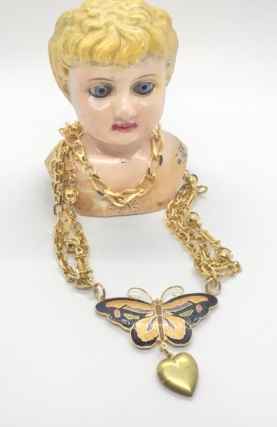 Vintage Cloisonné Butterfly Heart Necklace Gold T… - image 3