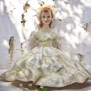 Chippy Vintage Boudoir Bed French Doll Pale Yellow Gown Distressed Tattered Shabby Muse