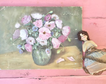 Vintage Shabby Pink Flower Bouquet Oil Painting Wall Art