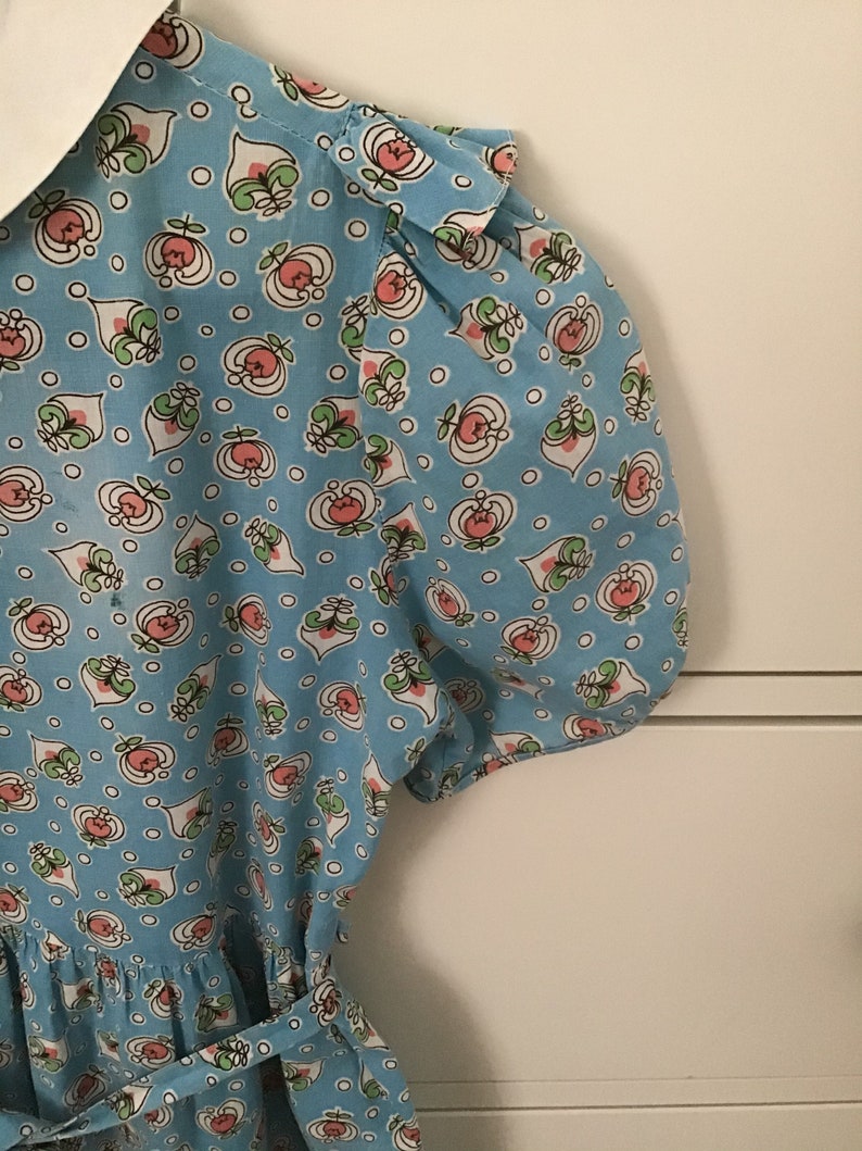 Vintage 50s Blue Cotton Floral Dress Girls Size 7 A-line Handmade Kid\u2019s White Collar Dress