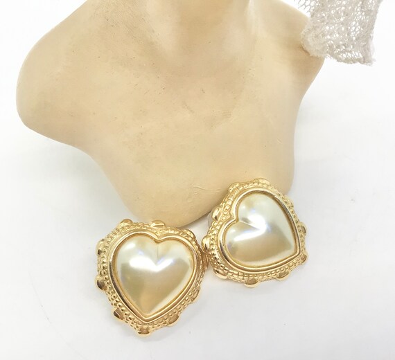 Vintage 1990s Heart Faux Pearl Large Post Earring… - image 8