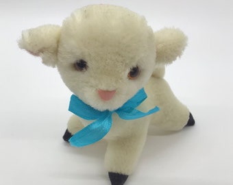 Vintage 1970s Small White Baby Lamb Sheep Plush Doll Tree Ornament Kawaii Shabby Romantic