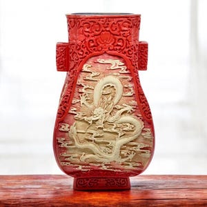 Vintage 1980s Red Chinese Asian Dragon Vase Carved Cinnabar Chinoiserie Decor