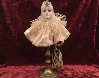 Vintage Clown Pierrot Doll Head, Fortune Teller Figurine Assemblage Art, Peach Orange Shabby Decor