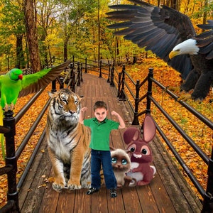 Park Stairs background, Wild Animals backdrop, Nature background, photoshop overlay, Cartoon & Animals Interaction, Autumn, instant download