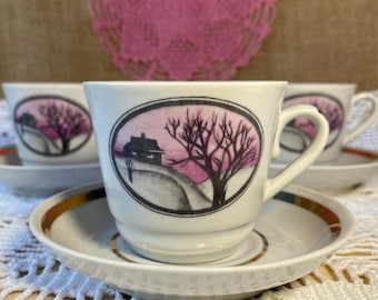 Porcelain Coffee Cup With Saucer "Ukrainian Winter", Vintage Coffee Couple Winter Decal, Horodnytsia Porcelain Factory, Ukraine, 1970-1980s