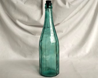 Vintage Green-Tinted Glass Bottle, World War II Era Vodka Bottle, Twelve-Sided Shape Glass Bottle, Thick-Walled Soviet Handmade Cast Glass