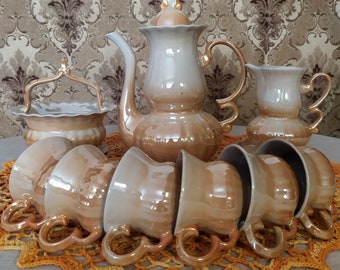 New Vintage Porcelain Coffee Set for 6 People, Mother of Pearl Coffee Set, Porcelain Espresso Set, Polonne Art Ceramics Plant, USSR, 1980s