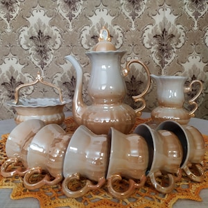 New Vintage Porcelain Coffee Set for 6 People, Mother of Pearl Coffee Set, Porcelain Espresso Set, Polonne Art Ceramics Plant, USSR, 1980s