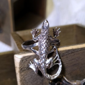 May include: A silver ring featuring a detailed lizard design. The lizard is sculpted in a realistic style with textured scales and a curled tail.