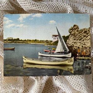 Postal antigua de barcos pesqueros en Nessebar, costa búlgara del mar Negro, balneario Sunny Beach, DP "Bulgarian Photography", Sofía, 1960