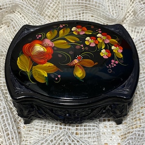 Vintage Openwork Bakelite Casket on Tiny Legs With Hand Painting, Rectangular Black Casket With a Floral Painting of Flowers and a Butterfly