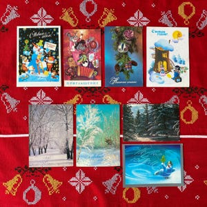 Vintage Sovjet-nieuwjaars ansichtkaarten, blanco niet-ondertekende vintage kerstwens ansichtkaarten, Sovjet-nieuwjaars nostalgie ansichtkaarten, jaren 1970-80