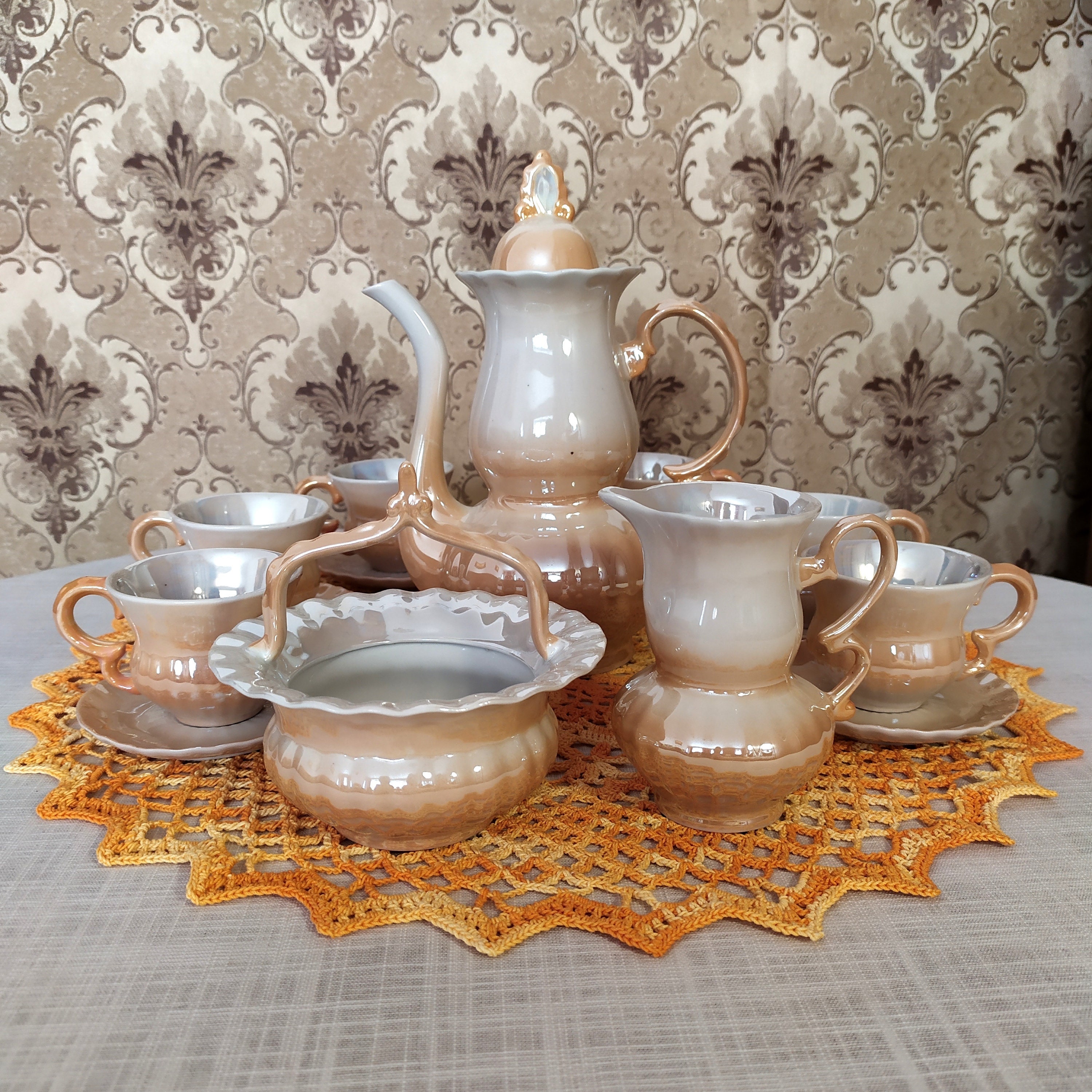 New Vintage Porcelain Coffee Set for 6 People, Mother of Pearl Coffee ...