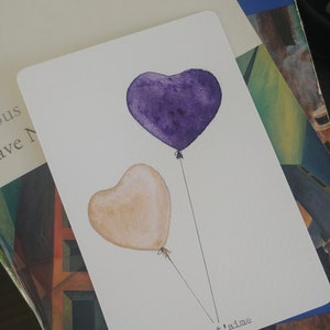 Aquarelle originale st valentin JE T'AIME ballons coeur doré et violet