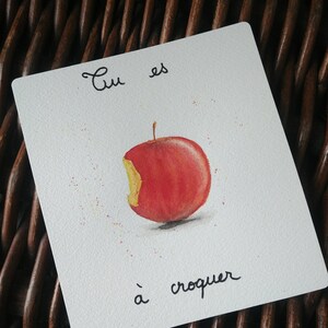Grande carte ou affiche à l'aquarelle message pomme " tu es à croquer " unique- aquarelle originale amour