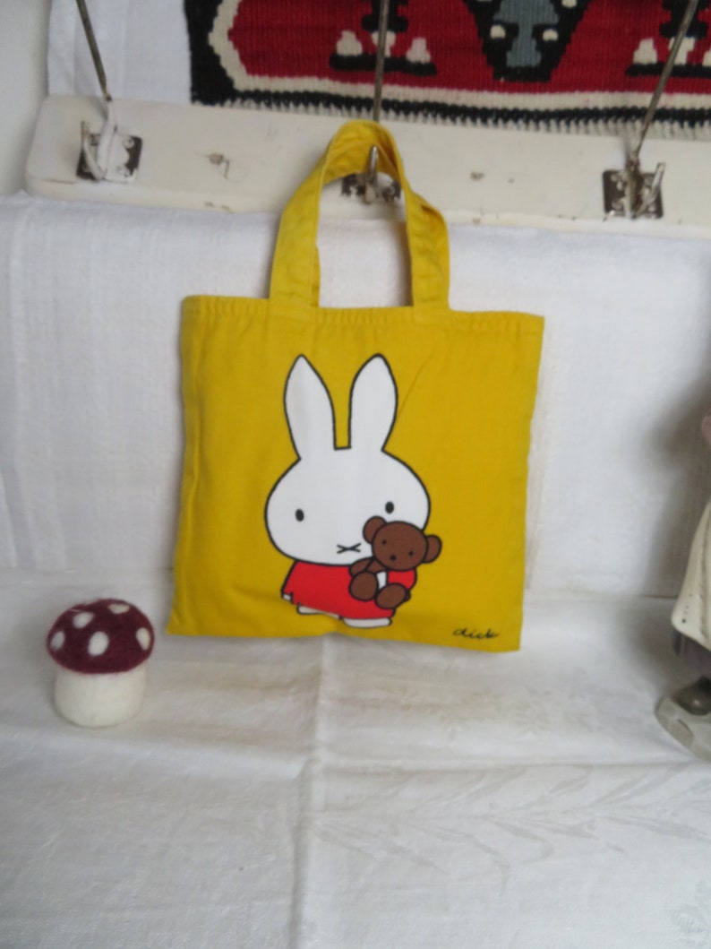 Yellow Fabric Bag by Dick Bruna 1967 Miffy Bunny Teddy Mini Shopper Bag by Otto Maier Publisher Ravensburg Vintage Surprise Gift
