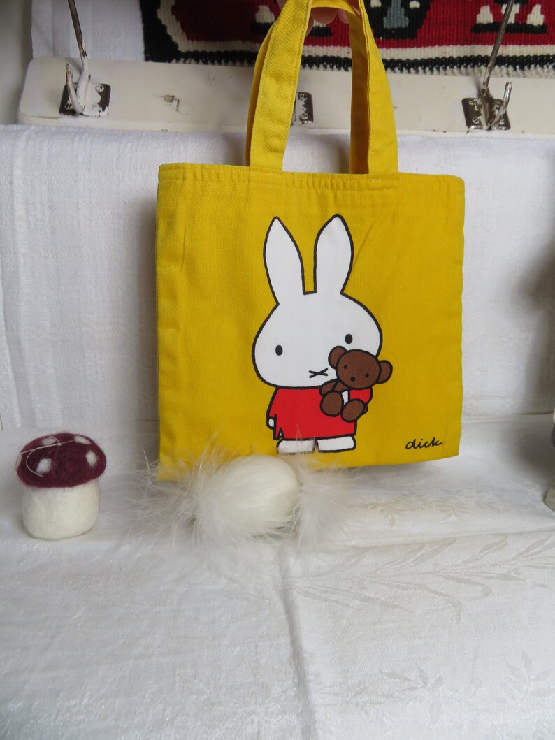 Yellow Fabric Bag by Dick Bruna 1967 Miffy Bunny Teddy Mini Shopper Bag by Otto Maier Publisher Ravensburg Vintage Surprise Gift