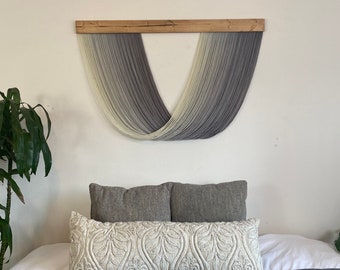 Medium Size Gray / Grey Dip Dye Ombré Fiber Art Yarn Wall Hanging Tapestry