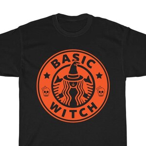 May include: Black t-shirt with an orange circle graphic that says "Basic Witch" with a witch and skulls.