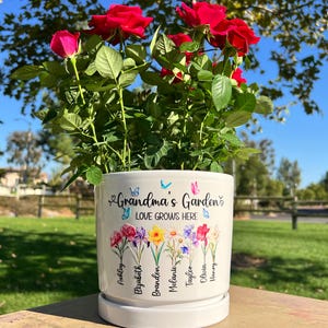 May include: A white ceramic flower pot with the text "Grandma's Garden LOVE GROWS HERE" and colorful flower illustrations. The pot holds a rose plant with vibrant red blooms. The pot is sitting on a wooden surface.