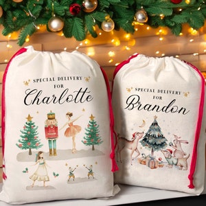 Personalised Christmas Eve Box Nutcracker Ballerina Reindeer Gift Bag for Kids Christmas, Special Delivery Christmas Santa Sack with Name