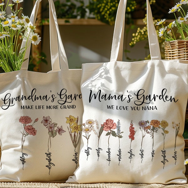 Custom Grandmas Garden Grocery Bag for Grandma w Grandkids Name, Tote Bag for Mother's Day Gifts for Her, Custom Birth Flower Gift for Mom