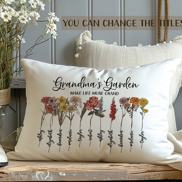 Grandmas Garden Pillow Cover, Custom Pillow Gift for Grandma, Mother's Day Gifts, Gifts for Mom, Birth Flower Grandma Gifts from Grandkids