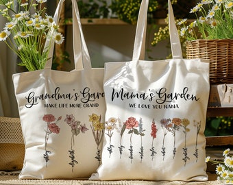 Custom Grandmas Garden Grocery Bag for Grandma w Grandkids Name, Tote Bag for Mother's Day Gifts for Her, Custom Birth Flower Gift for Mom