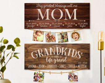Personalized Mom Dad Grandma Grandpa Wood Sign | Custom Family Name Sign w/ Rope and Clothespin | Farmhouse Home Decoration