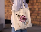 Personalized Floral Initial Canvas Tote Bag for Everyday Use Bridesmaid Bachelorette Party Gift, Bride Maid of Honor Wedding Birthday Gift