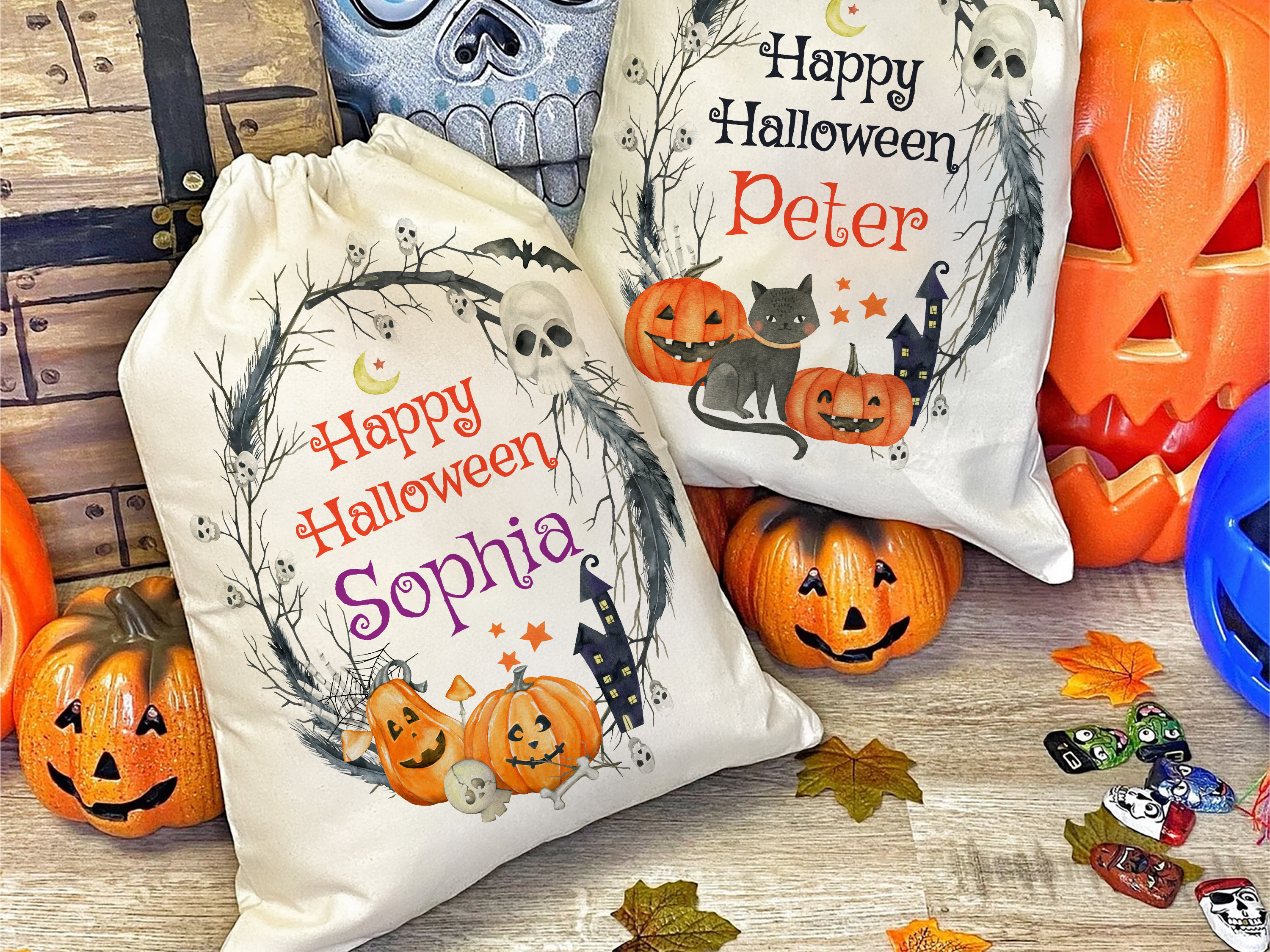 Custom Happy Halloween Bags, Kids Trick or Treat Bag, Halloween Candy Bag, Personalized Halloween Name Bag, Halloween Goodie Bag