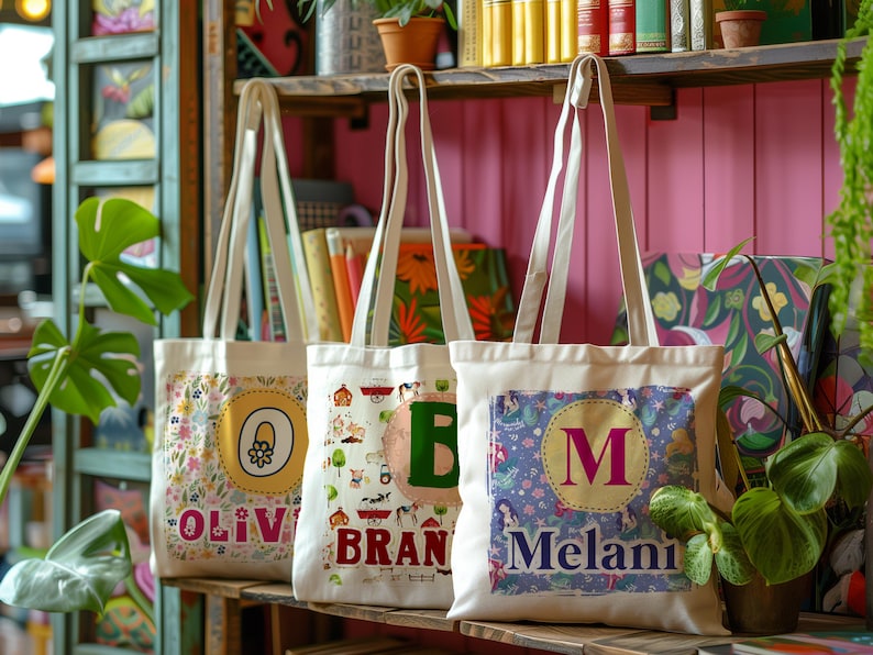 K&ouml;nnte beinhalten: Drei wei&szlig;e Canvas-Tragetaschen mit bunten Designs und personalisierten Namen. Die Taschen haben ein Blumenmuster mit dem Namen "Olivia", ein Cartoon-Muster mit dem Namen "Brand" und ein Meerjungfrauenmuster mit dem Namen "Melani".