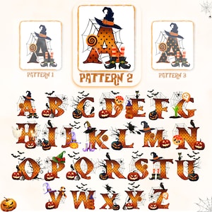 May include: Halloween alphabet letters featuring a witch's hat, spider web, pumpkin, and other Halloween-themed designs. The letters are orange with black polka dots.