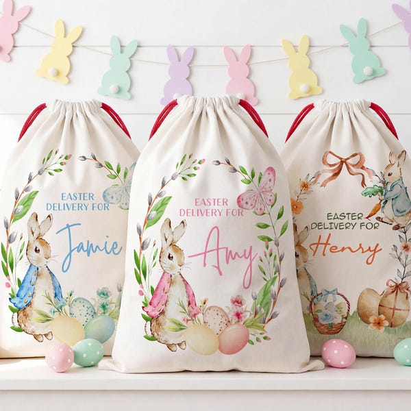 Custom Easter Basket, Personalized Easter Sack for Easter, Easter Egg Hunts, Bunny Baskets for Kids Bag, Boys Girls Easter Gifts, Bunny Sack