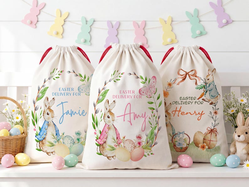 Custom Easter Basket, Personalized Easter Sack for Easter, Easter Egg Hunts, Bunny Baskets for Kids Bag, Boys Girls Easter Gifts, Bunny Sack immagine 1
