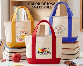 Personalized Teacher Tote Bag, Custom Name Teacher Appreciation Gift Custom Canvas Bag for Teacher and School Staff, End of School Year Gift