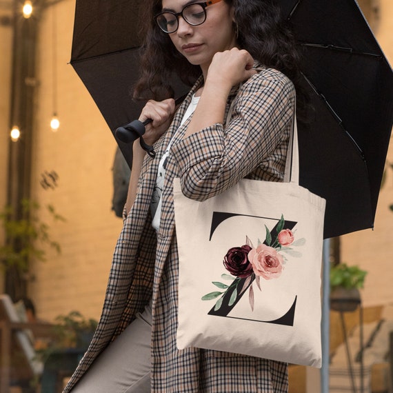 Floral Initial Canvas Tote Bag Customized Wedding Gift 