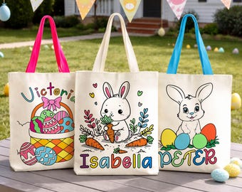 Personalized Easter Tote bag, DIY Easter bag, Name Easter Bunny Bag, Kids Egg Hunt Bag, Easter Gift Bags, Custom Boys Girls Easter Baskets