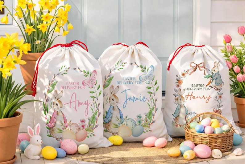 Custom Easter Basket, Personalized Easter Sack for Easter, Easter Egg Hunts, Bunny Baskets for Kids Bag, Boys Girls Easter Gifts, Bunny Sack immagine 4