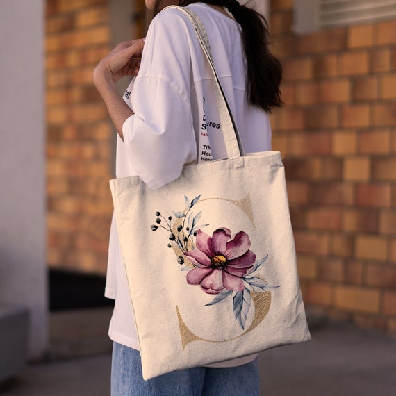 UHEOUN Floral Initial Canvas Tote Bag, Reusable Shopping Bag