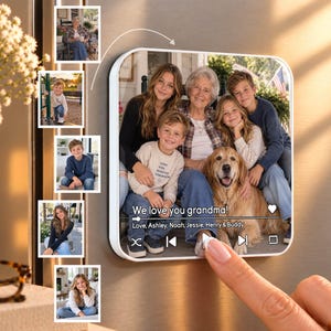 May include: A square magnetic photo frame featuring a digital music player interface overlay. The main image displays a group of children and a golden retriever with an older woman. Text reads: We love you grandma! Love, Ashley, Noah, Jessie, Henry & Buddy.