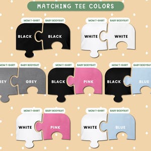 Puede incluir: Imagen que muestra colores de camisetas a juego para mam&aacute; y beb&eacute;. La imagen muestra gr&aacute;ficos de piezas de rompecabezas en varias combinaciones de colores: negro, blanco, gris, rosa y azul. Cada conjunto incluye una "Camiseta de mam&aacute;" y un "Body de beb&eacute;".