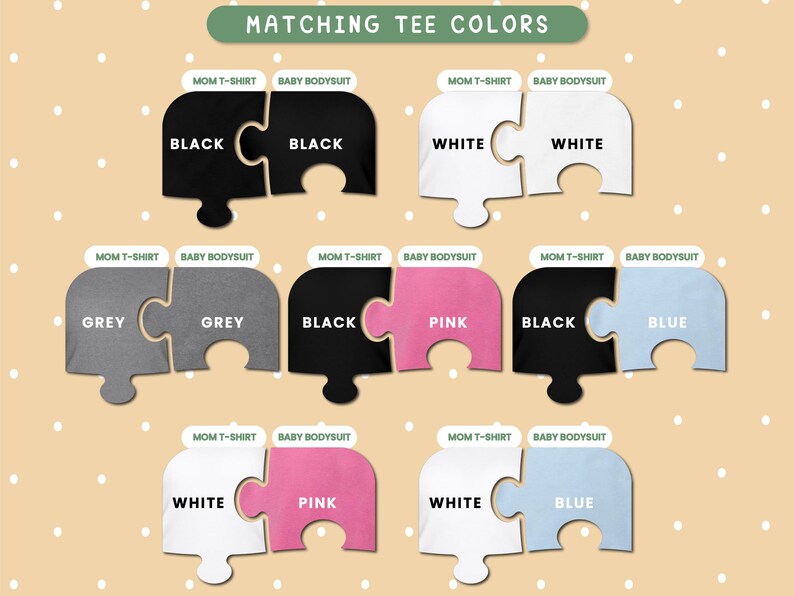 Puede incluir: Imagen que muestra colores de camisetas a juego para mam&aacute; y beb&eacute;. La imagen muestra gr&aacute;ficos de piezas de rompecabezas en varias combinaciones de colores: negro, blanco, gris, rosa y azul. Cada conjunto incluye una "Camiseta de mam&aacute;" y un "Body de beb&eacute;".