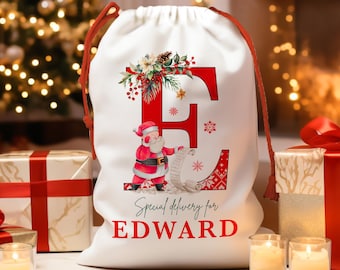 Christmas Santa Gift Bag for Kids Christmas, Custom Christmas Eve Bag, Sack for Christmas Presents, Holiday Gift Bag, Initial Snowman Secret