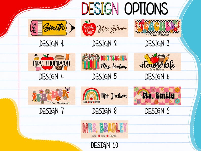 K&ouml;nnte beinhalten: Eine Sammlung von zehn Holzschild-Designs f&uuml;r Lehrer. Jedes Design zeigt einen Namen und dekorative Elemente wie &Auml;pfel, Bleistifte, Regenbogen und Blumen. Die Designs sind farbenfroh und f&uuml;r die Klassenzimmerdekoration geeignet.