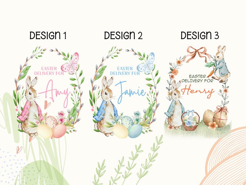 Pu&ograve; includere: Tre design di cesti pasquali con un'illustrazione ad acquerello di un coniglio che tiene un uovo. I design includono il testo "Easter Delivery For" seguito dal nome "Amy", "Jamie" e "Henry".